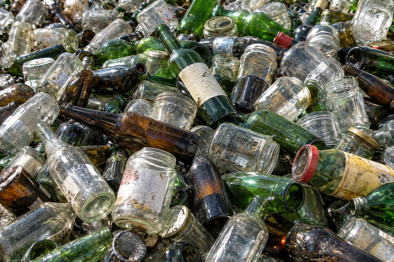 Glass bottles and containers collected for recycling